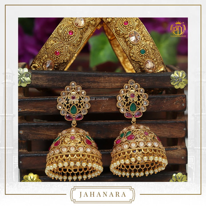 Jahanara Antique Gold Champagne Stone Opneable Karra Bangle (Pair) & Jhumki Rubby Emerald Earrings  | Punjabi Traditional Jewellery