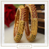 Jahanara Antique Gold Rubby Emerald Opneable Karra Bangle (Pair) | Punjabi Traditional Jewellery