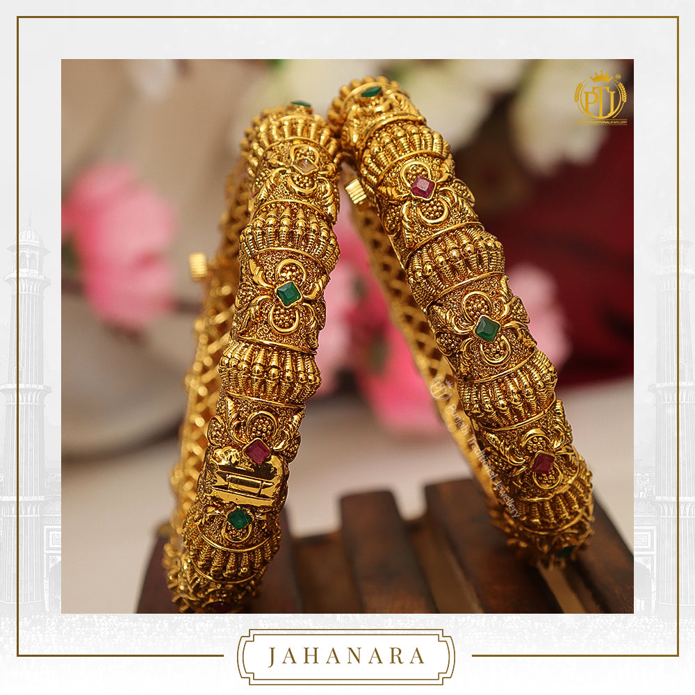 Jahanara Antique Gold Rubby Emerald Opneable Karra Bangle (Pair) | Punjabi Traditional Jewellery