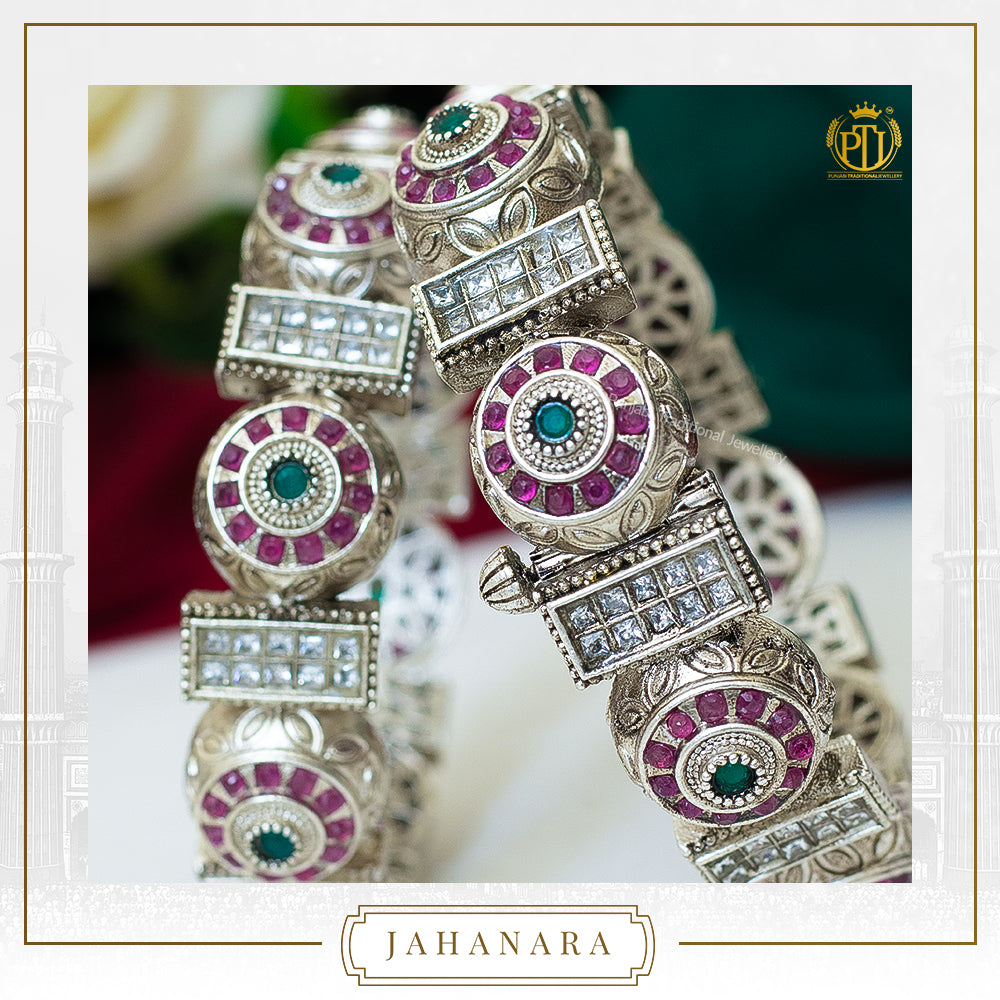 Jahanara Silver Oxidised Rubby Emerald Opneable  Karra Bangle (Pair) | Punjabi Traditional Jewellery