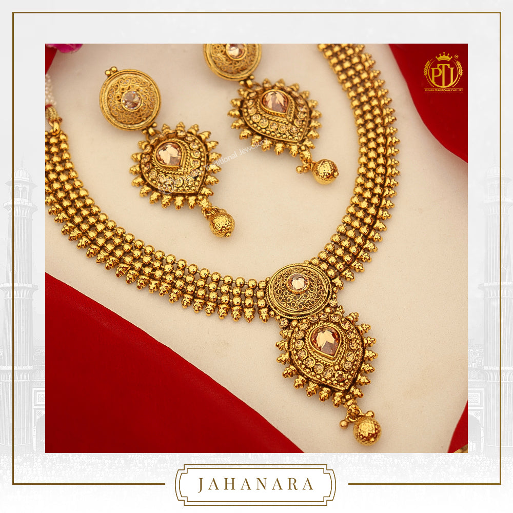 Jahanara Antique Gold Champagne Stone Necklace Set | Punjabi Traditional Jewellery