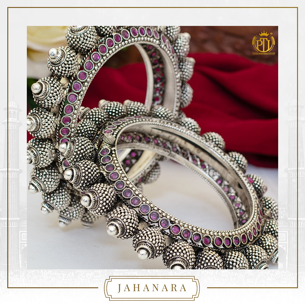 Jahanara Silver Oxidised Rubby Opneable Karra Bangle (Pair) | Punjabi Traditional Jewellery