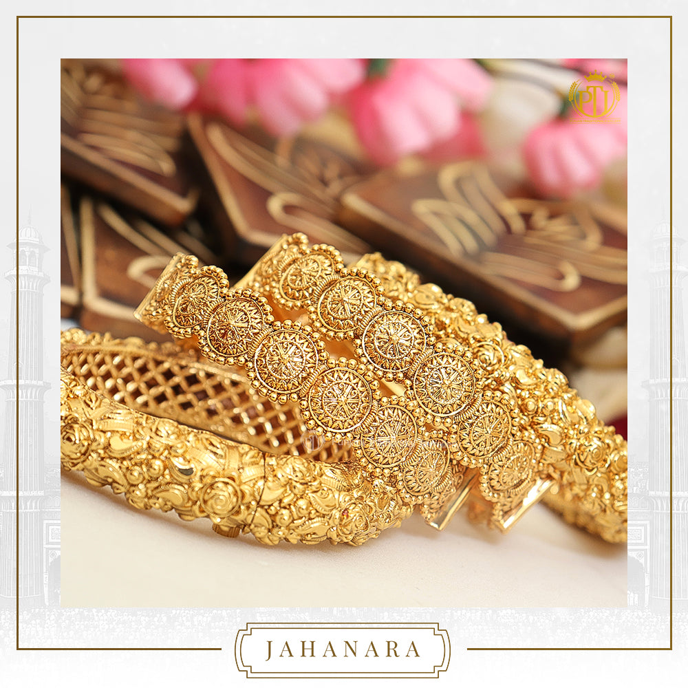 Jahanara Antique Gold Openable Karra Bangle 4pc Set  | Punjabi Traditional Jewellery