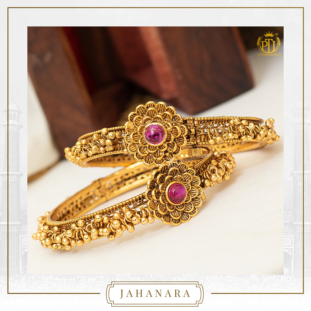 Jahanara Antique Gold Rubby Opneable Ghungroo Karra Bangle (Pair) | Punjabi Traditional Jewellery