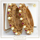 Jahanara Antique Gold Rubby Pearl Opneable Karra Bangle (Pair) | Punjabi Traditional Jewellery