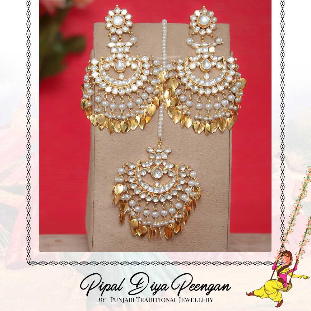 Gold Finished Kundan Pearl Pippal Patti Earring Tikka Set | Pipal Diya Peengan by Punjabi Traditional Jewellery Exclusive