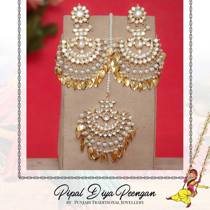 Gold Finished Kundan Pearl Pippal Patti Earring Tikka Set | Pipal Diya Peengan by Punjabi Traditional Jewellery Exclusive
