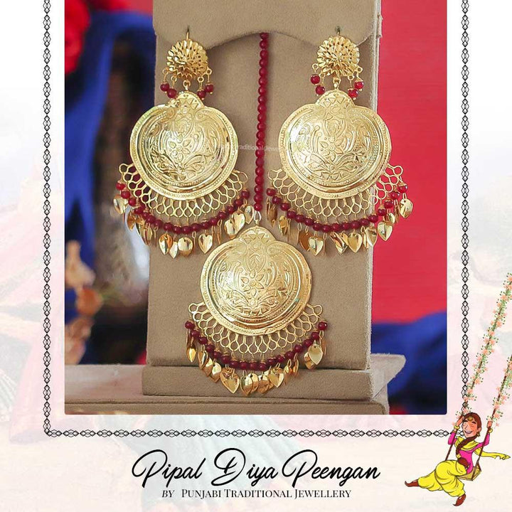 Gold Finished Rubby Pearl Pippal Patti Earring Tikka Set | Pipal Diya Peengan by Punjabi Traditional Jewellery Exclusive