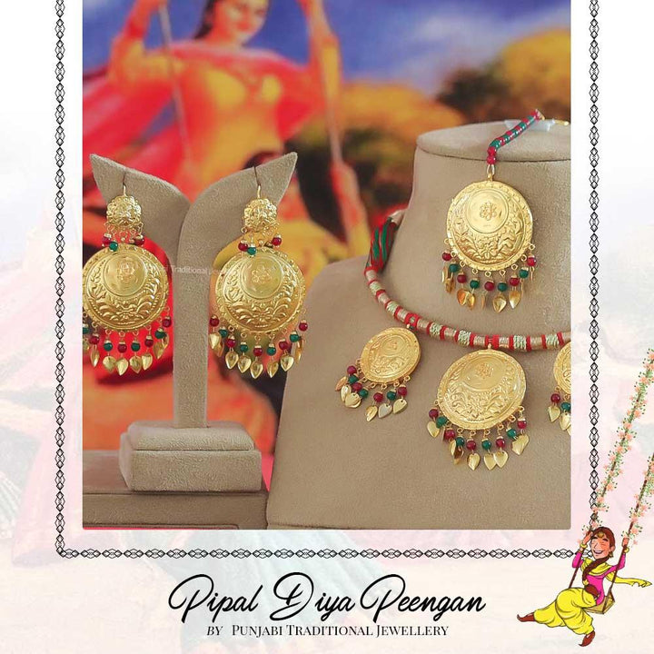 Gold Finished Rubby Emerald Pippal Patti Necklace Set | Pipal Diya Peengan by Punjabi Traditional Jewellery Exclusive