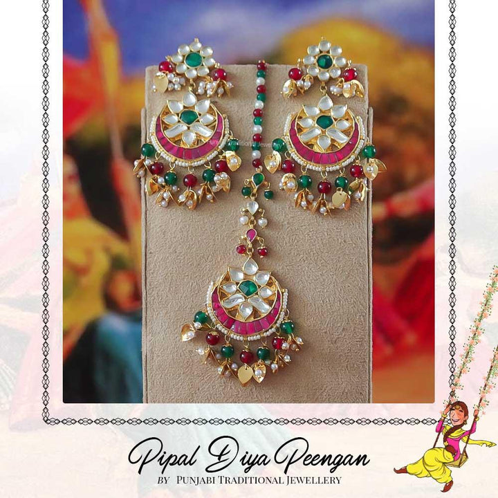 Gold Finished Rubby Emerald Kundan Pippal Patti Earring Tikka Set | Pipal Diya Peengan by Punjabi Traditional Jewellery Exclusive