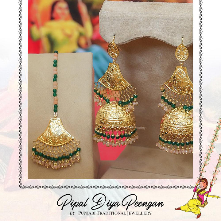 Gold Finished Emerald Pearl Earring Tikka Set | Pipal Diya Peengan by Punjabi Traditional Jewellery Exclusive