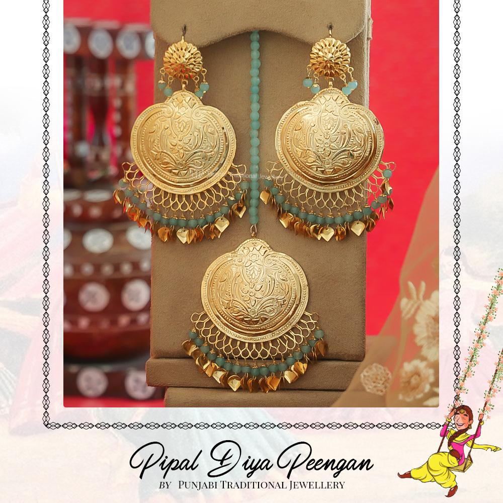 Gold Finished Firozi Pippal Patti Pearl Earring Tikka Set | Pipal Diya Peengan by Punjabi Traditional Jewellery Exclusive