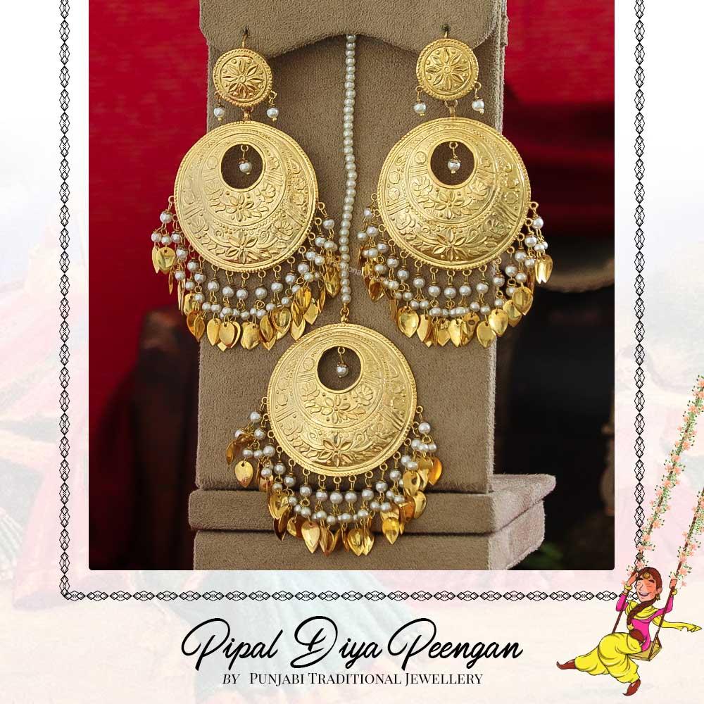 Gold Finished Pearl Pippal Patti Earring Tikka Set | Pipal Diya Peengan by Punjabi Traditional Jewellery Exclusive