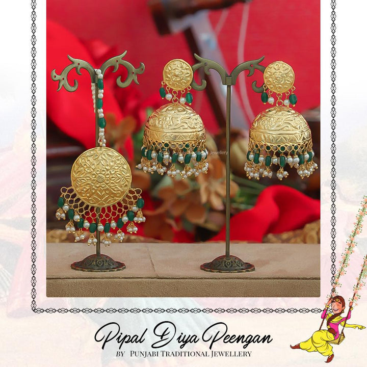 Gold Finished Pearl Emerald Earring Tikka Set | Pipal Diya Peengan by Punjabi Traditional Jewellery Exclusive