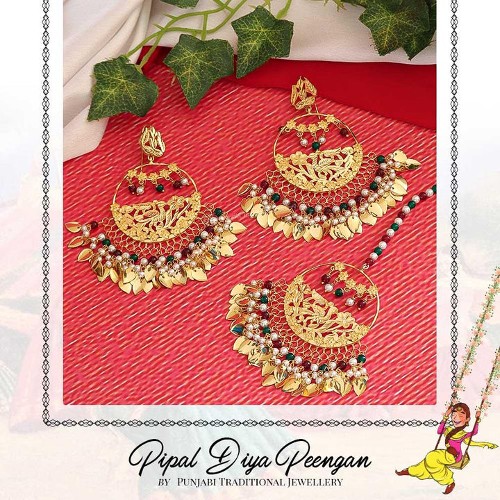 Gold Finished Rubby Emerald Pearl Pippal Patti Earring Tikka Set | Pipal Diya Peengan by Punjabi Traditional Jewellery Exclusive