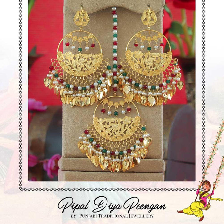 Gold Finished Rubby Emerald Pearl Pippal Patti Earring Tikka Set | Pipal Diya Peengan by Punjabi Traditional Jewellery Exclusive