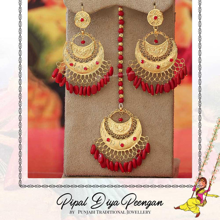 Gold Finished Pearl Rubby Earring Tikka Set | Pipal Diya Peengan by Punjabi Traditional Jewellery Exclusive