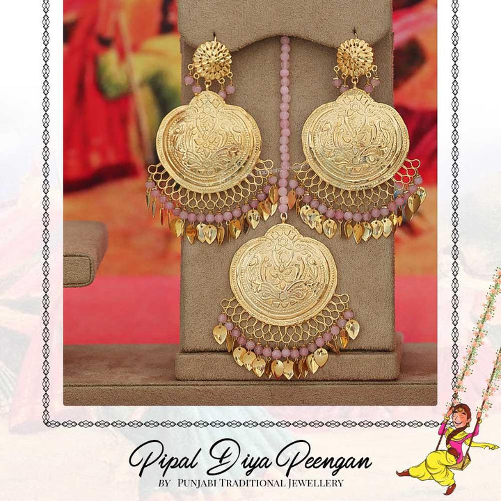 Gold Finished Pearl Pink Pippal Patti Earring Tikka Set | Pipal Diya Peengan by Punjabi Traditional Jewellery Exclusive