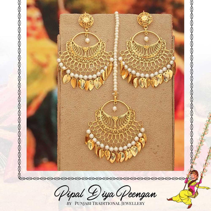 Gold Finished Pearl Pippal Patti Earring Tikka Set | Pipal Diya Peengan by Punjabi Traditional Jewellery Exclusive
