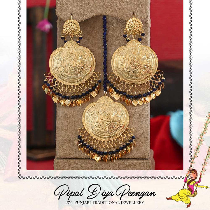 Gold Finished Pearl Blue Pippal Patti Earring Tikka Set | Pipal Diya Peengan by Punjabi Traditional Jewellery Exclusive