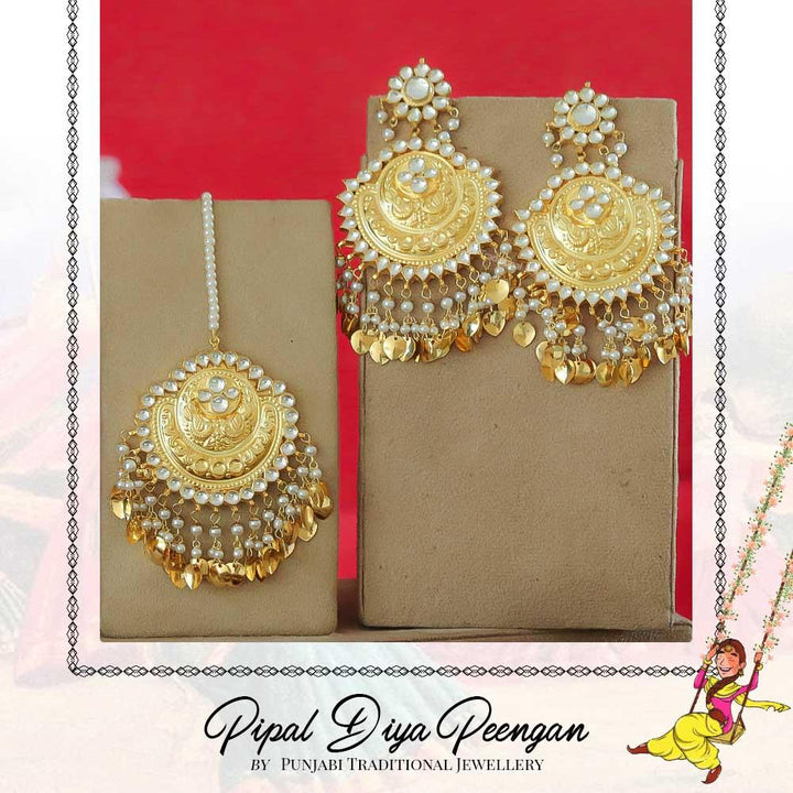Gold Finished Kundan Pearl Pippal Patti Earring Tikka Set | Pipal Diya Peengan by Punjabi Traditional Jewellery Exclusive
