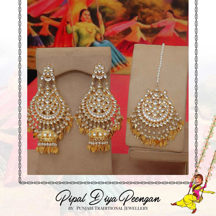 Gold Finished Kundan Pearl Pippal Patti Earring Tikka Set | Pipal Diya Peengan by Punjabi Traditional Jewellery Exclusive