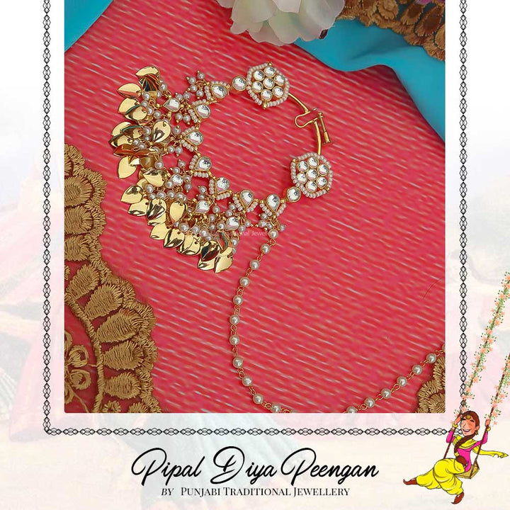Gold Finished Kundan Pearl Pippal Patti Nath | Pipal Diya Peengan by Punjabi Traditional Jewellery Exclusive