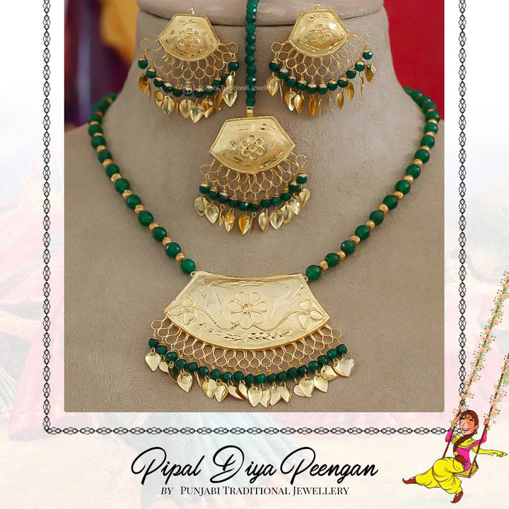 Gold Finished Pearl Pippal Patti Emerald Necklace Set | Pipal Diya Peengan by Punjabi Traditional Jewellery Exclusive