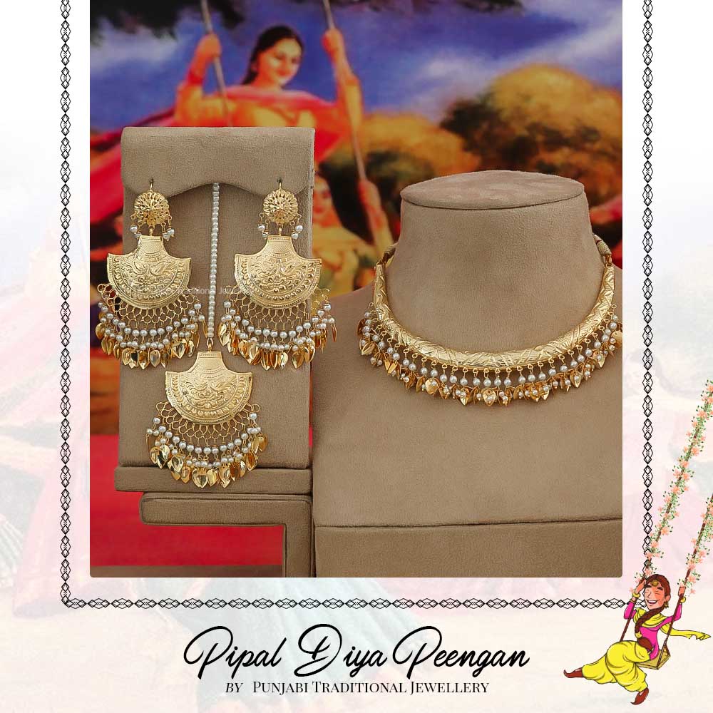 Gold Finished Pearl Pippal Patti Emerald Hasli Necklace Set | Pipal Diya Peengan by Punjabi Traditional Jewellery Exclusive