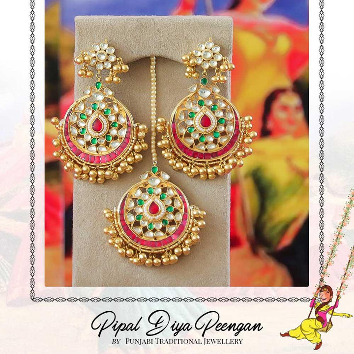 Gold Finished Rubby Emerald Kundan Earring Tikka Set | Pipal Diya Peengan by Punjabi Traditional Jewellery Exclusive