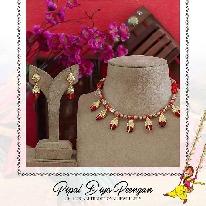 Gold Finished Red Daakh Necklace Set | Pipal Diya Peengan by Punjabi Traditional Jewellery Exclusive