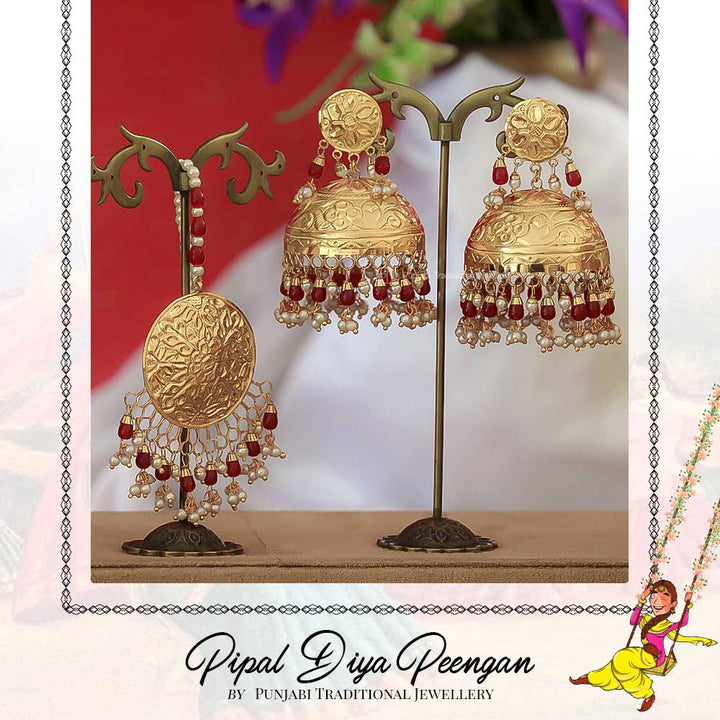 Gold Finished Rubby Jhumki Pippal Patti Earring Tikka Set  | Pipal Diya Peengan by Punjabi Traditional Jewellery Exclusive
