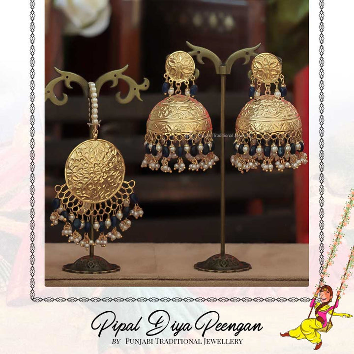 Gold Finished Blue Jhumki Pippal Patti Earring Tikka Set  | Pipal Diya Peengan by Punjabi Traditional Jewellery Exclusive