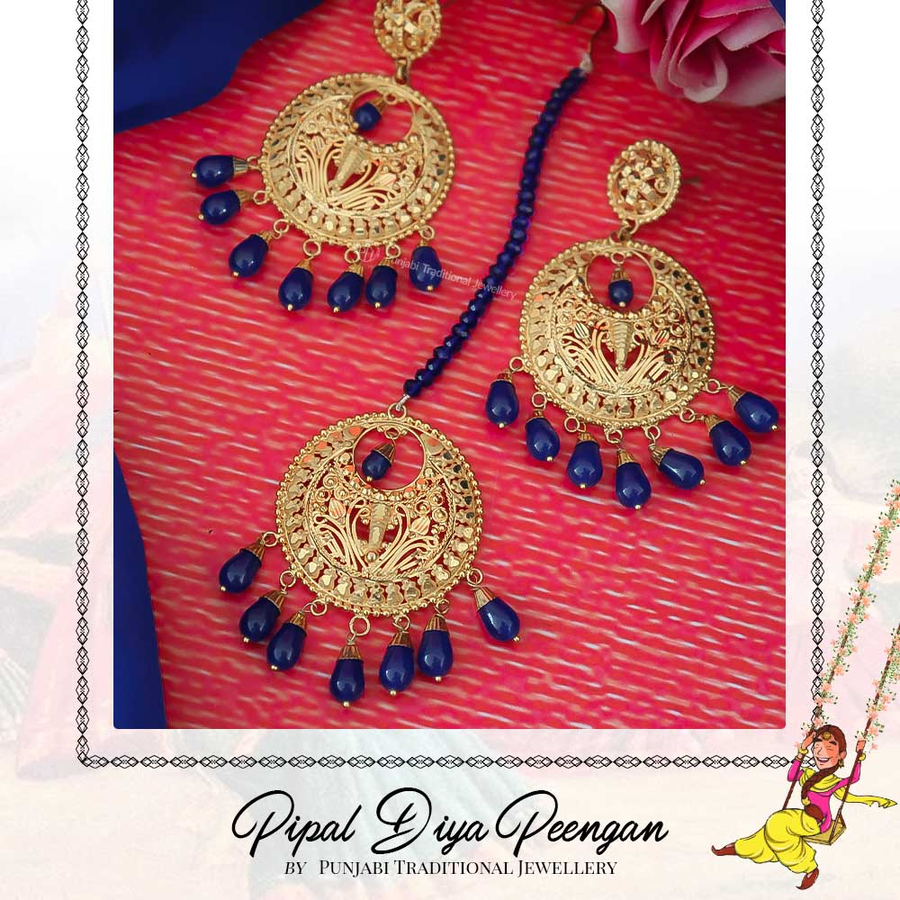 Gold Finished Blue Pearl Earring Tikka Set  | Pipal Diya Peengan by Punjabi Traditional Jewellery Exclusive