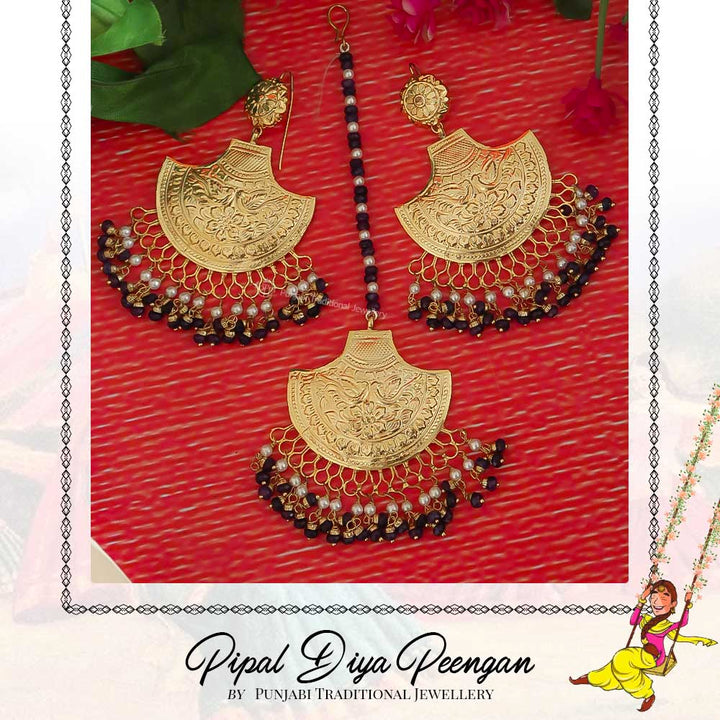 Gold Finished Purple Pearl Earring Tikka Set  | Pipal Diya Peengan by Punjabi Traditional Jewellery Exclusive