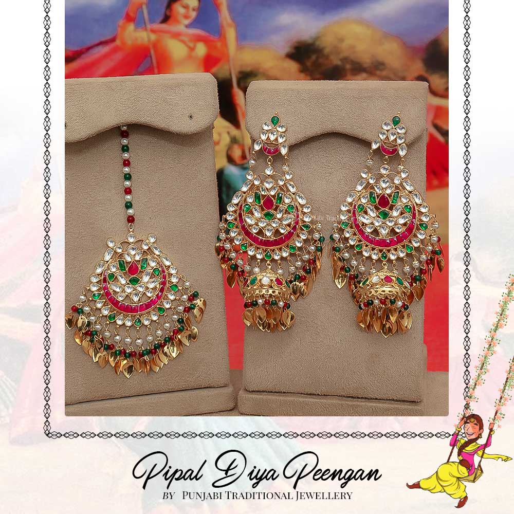 Gold Finished Pippal Patti Rubby Emerald Kundan Earring Tikka Set  | Pipal Diya Peengan by Punjabi Traditional Jewellery Exclusive
