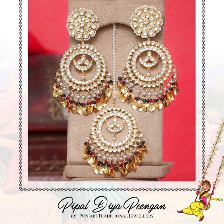 Gold Finished Rubby Emerald Kundan Earring Tikka Set | Pipal Diya Peengan by Punjabi Traditional Jewellery Exclusive
