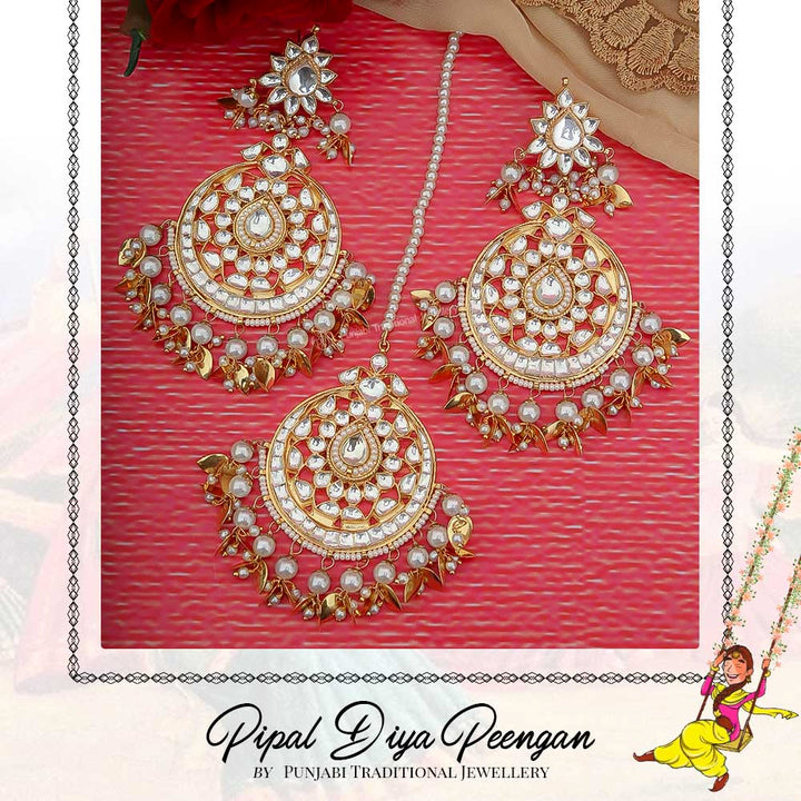 Gold Finished Pippal Patti Kundan Earring Tikka Set  | Pipal Diya Peengan by Punjabi Traditional Jewellery Exclusive