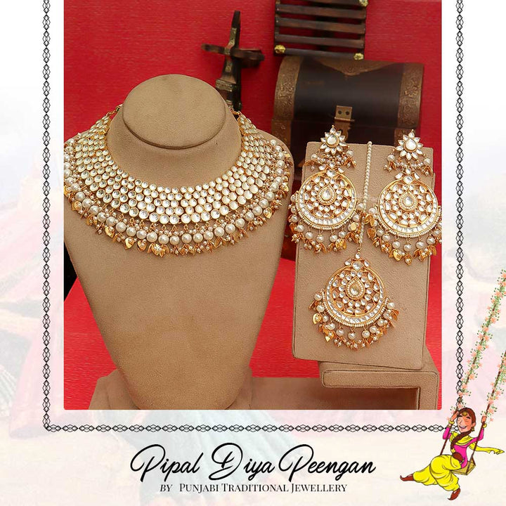Gold Finished Pippal Patti Kundan Necklace Set  | Pipal Diya Peengan by Punjabi Traditional Jewellery Exclusive