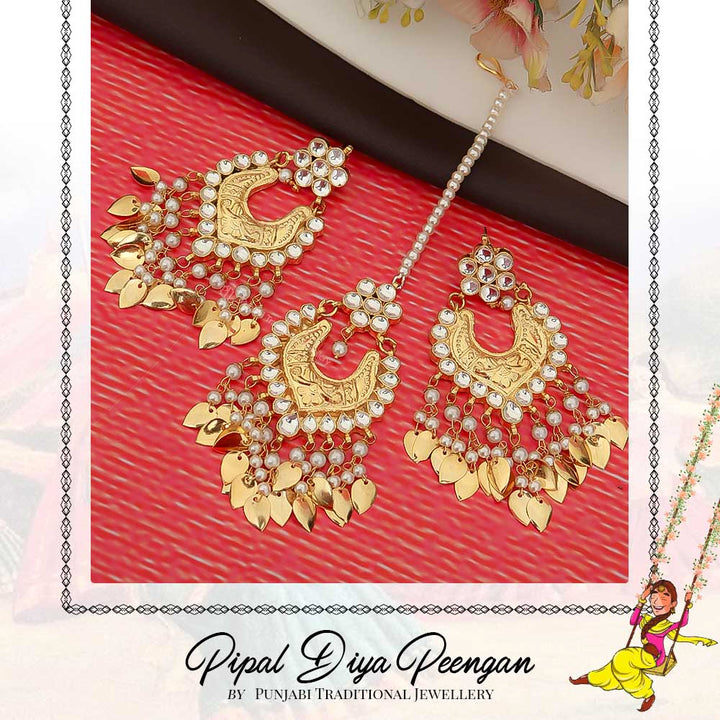 Gold Finished Kundan Pippal Patti Earring Tikka Set | Pipal Diya Peengan by Punjabi Traditional Jewellery Exclusive