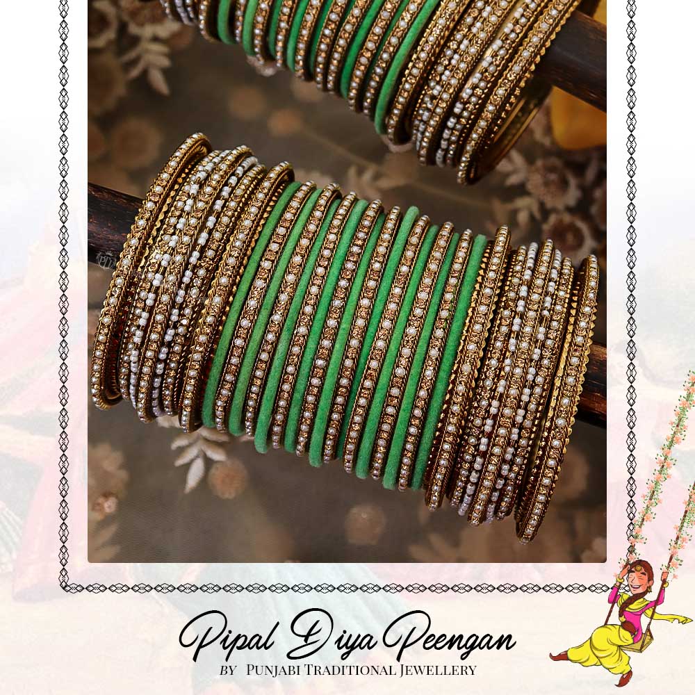 Antique Gold Green Pearl Bangles Set For Both Hands | Pipal Diya Peengan by Punjabi Traditional Jewellery Exclusive