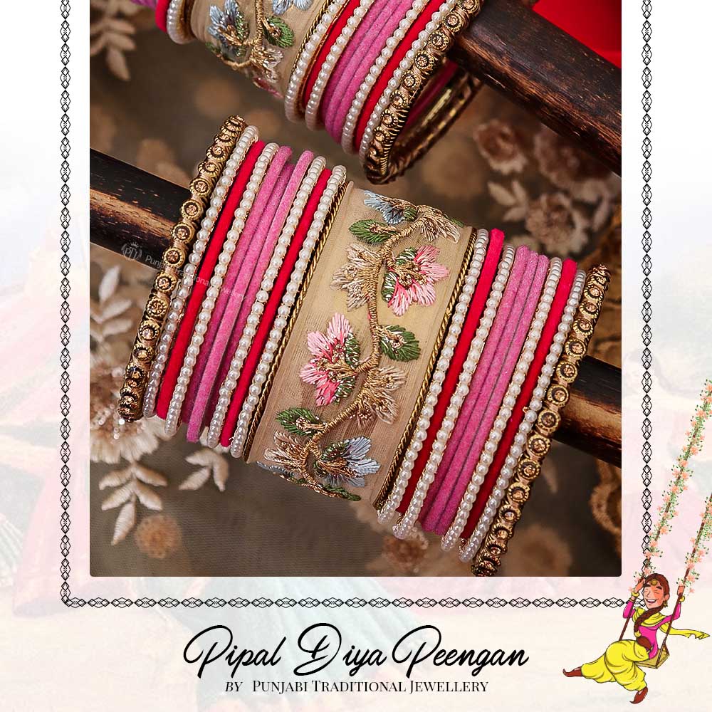 Antique Gold Hand Embroidered Bangles Set For Both Hands | Pipal Diya Peengan by Punjabi Traditional Jewellery Exclusive