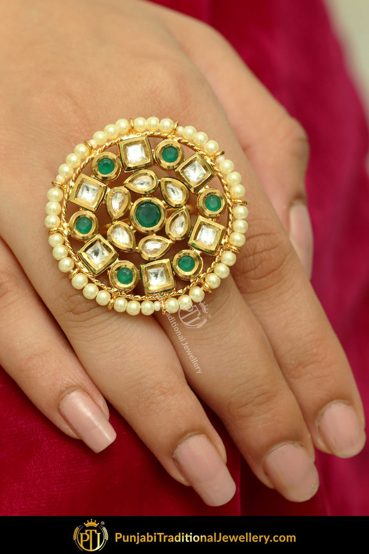 Gold Finished Kundan Emerald Ring | Punjabi Traditional Jewellery Exclusive