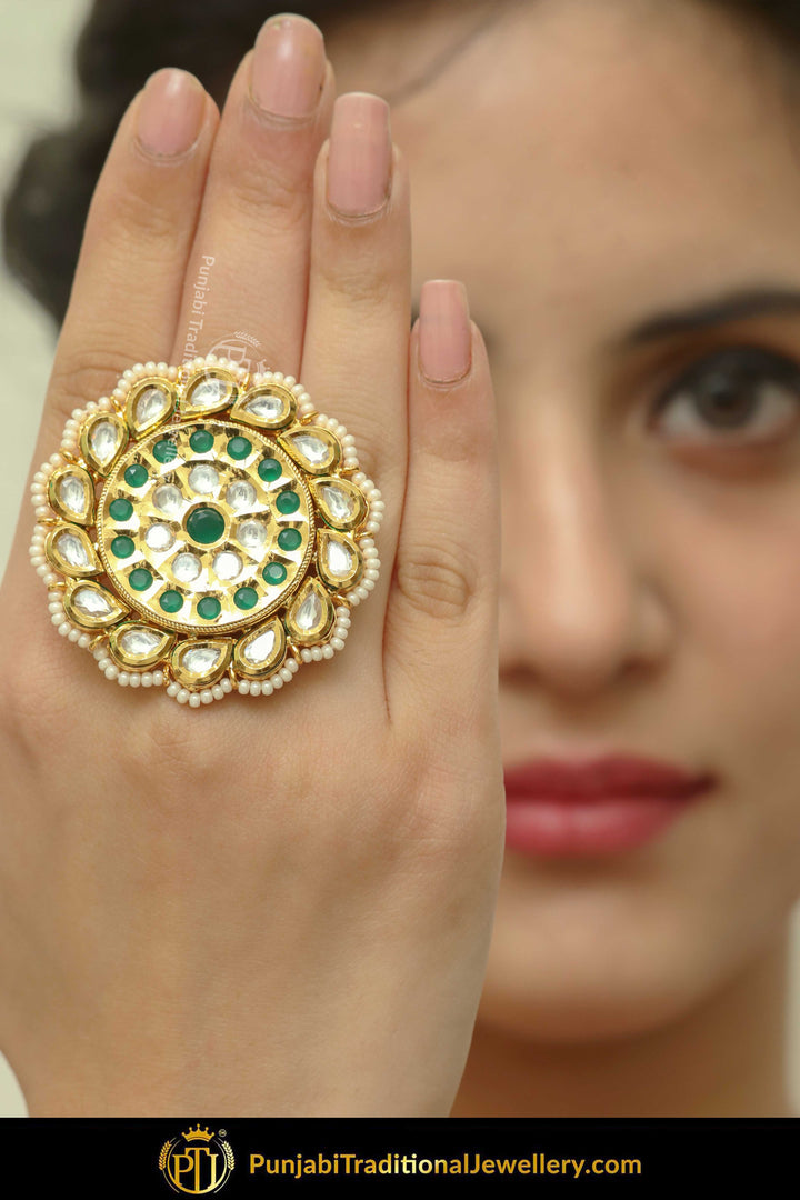 Gold Finished Kundan Emerald Ring | Punjabi Traditional Jewellery Exclusive
