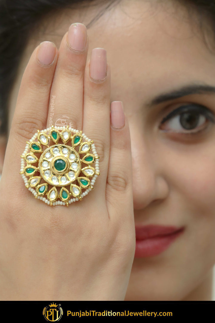 Gold Finished Kundan Emerald Ring | Punjabi Traditional Jewellery Exclusive