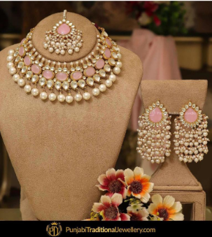 Gold Finished Kundan Pearl Pink Necklace Set | Punjabi Traditional Jewellery Exclusive