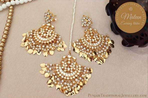Gold Finished Kundan Pearl Pippal Patti Earring Tikka Set | Pipal Diya Peengan by Punjabi Traditional Jewellery Exclusive