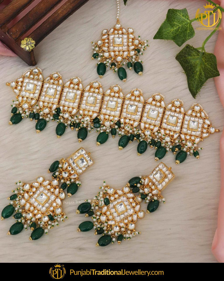 Emerald Kundan Pearl Choker Necklace Set By Punjabi Traditional Jewellery