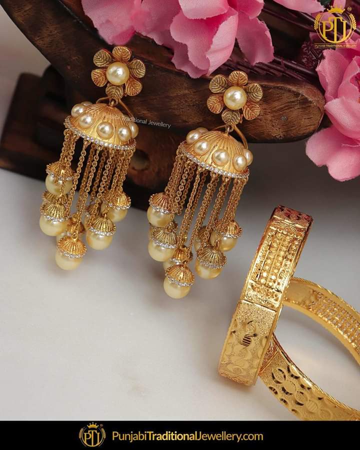 Antique Gold Pearl Opneable Karra Bangle (Pair) & Jhumki Earrings  | Punjabi Traditional Jewellery
