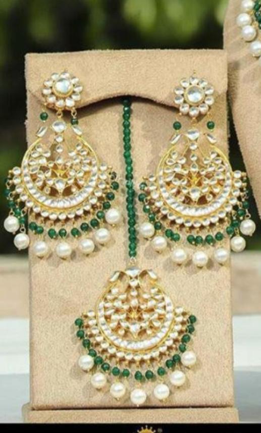 Gold Finished Pearl Pink Kundan Earring Tikka Set | Punjabi Traditional Jewellery Exclusive